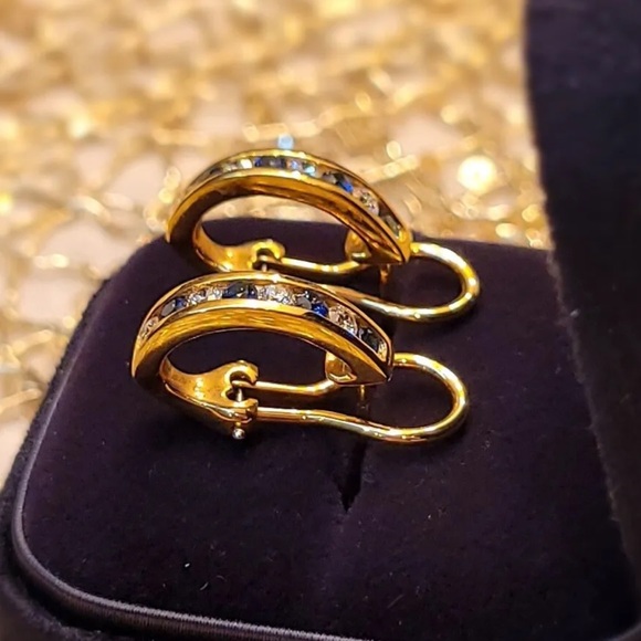 Authentic Tiffany & Co 18K Yellow Gold Diamond & Sapphire Huggie Earrings - Picture 5 of 10